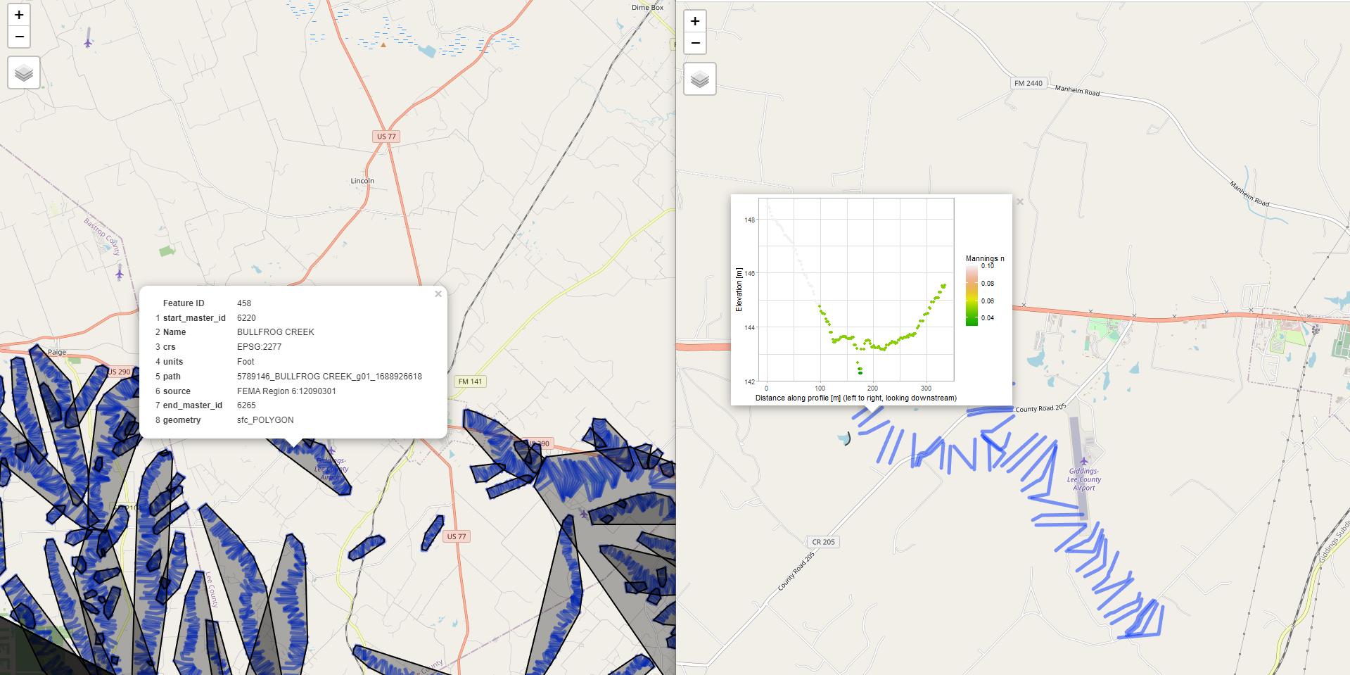 Side-by-side comparison of web browser windows displaying RRASSLER geospatial outputs on interactive Leaflet maps. The left window displays blue polygon flood inundation zones with a metadata popup window for 'BULLFROG CREEK'. The right window shows blue river cross-section transect lines with an inset cross-section profile plot displaying elevation and Manning's n roughness values.