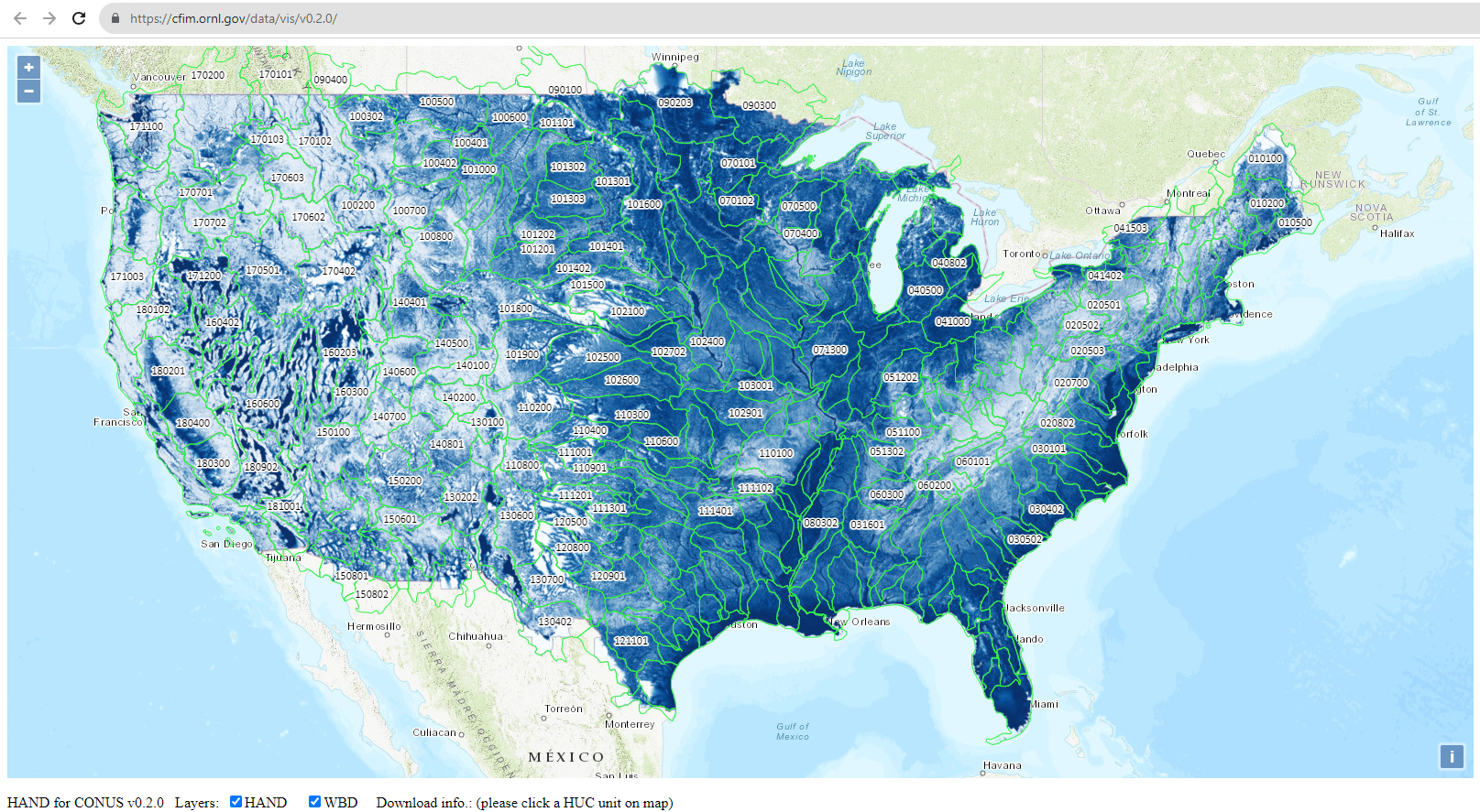 A screenshot of a web browser displaying a map of the contiguous United States with a blue data visualization overlay labeled 'HAND for CONUS v0.2.0', segmented by green boundary lines and numerical codes.