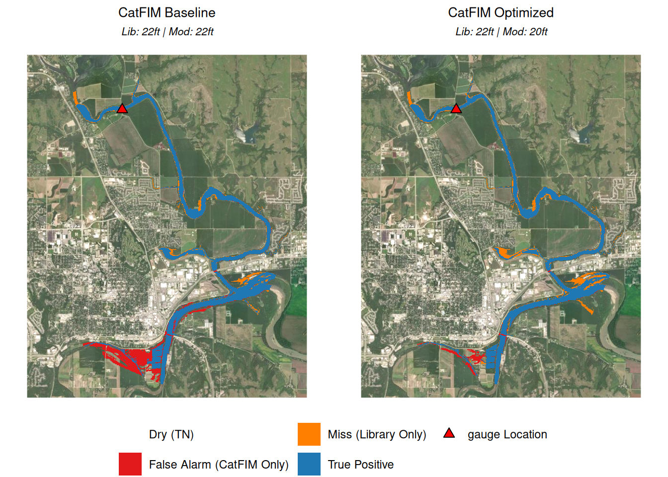 Side-by-side satellite maps comparing 'CatFIM Baseline' and 'CatFIM Optimized' flood inundation models, using colored overlays to indicate True Positives (blue), Misses (orange), and False Alarms (red) against the reference library.