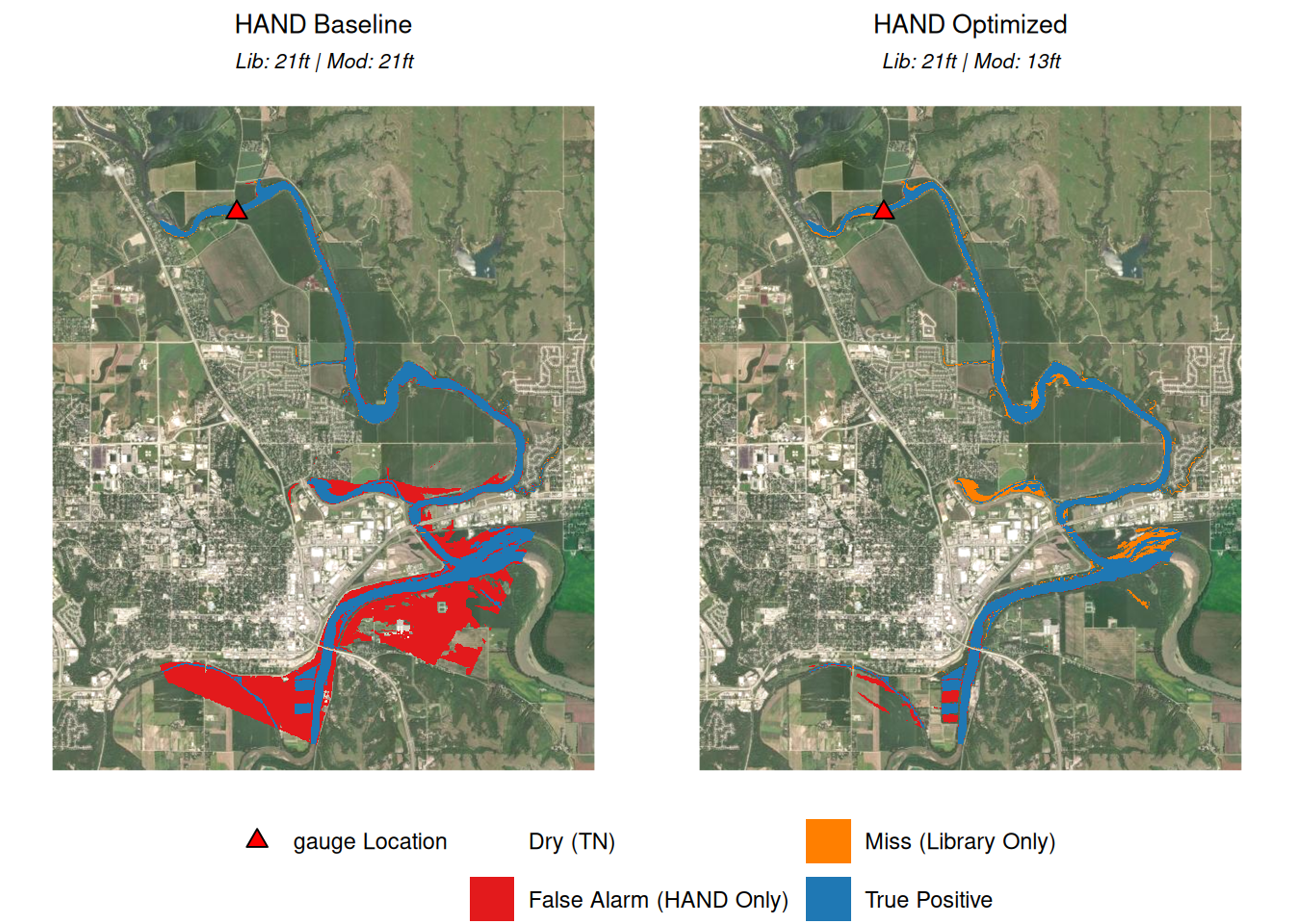 Side-by-side satellite maps comparing 'HAND Baseline' and 'HAND Optimized' flood inundation models, using colored overlays to indicate True Positives (blue), Misses (orange), and False Alarms (red) against the reference library.