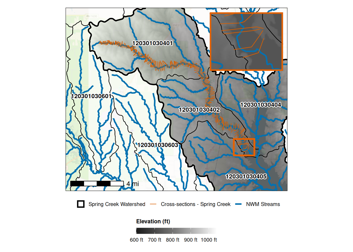 A topographic map showing the Spring Creek Watershed with DEM elevation data, NWM streams in blue, cross-sections in ornage, and an inset zoom of the downstream end of the model domain.