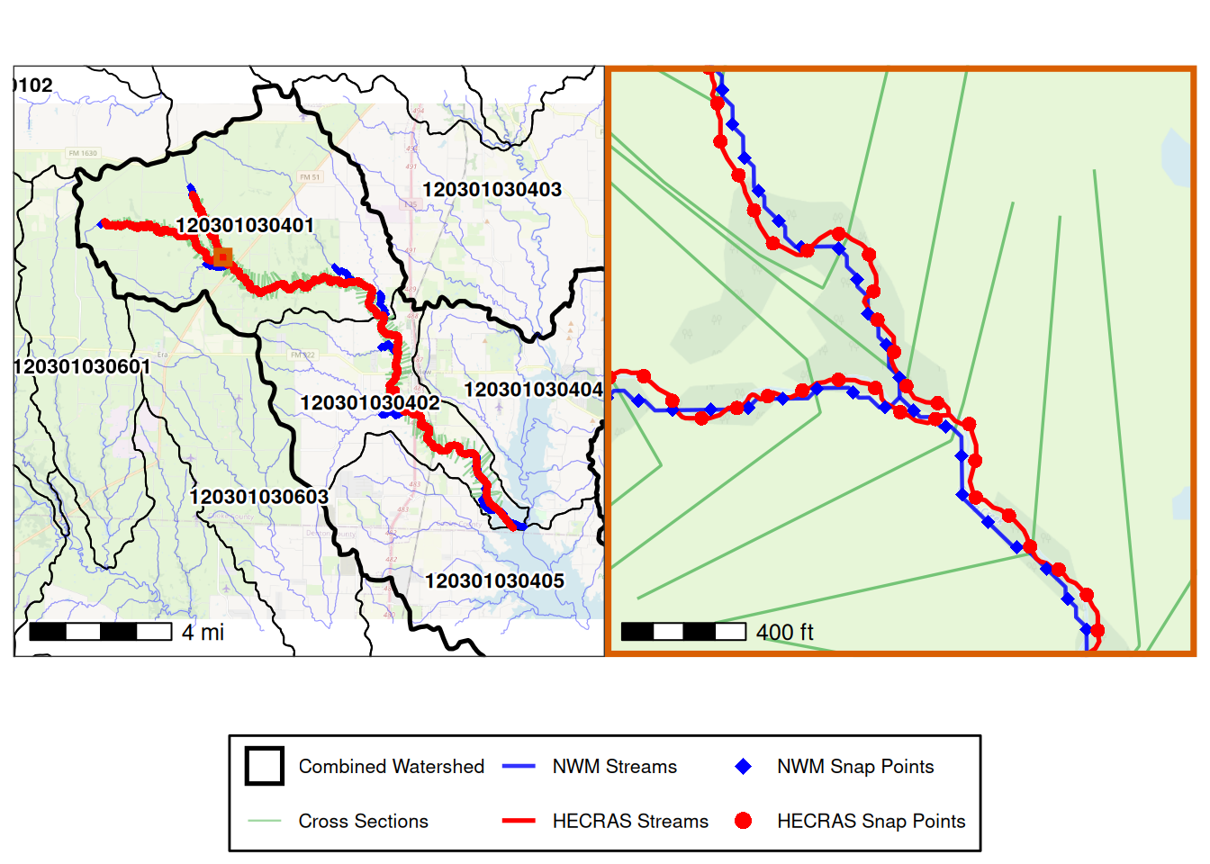 A map showing the watershe and stream networks for Spring Creek and a contributing tributary creek, featuring cross sections, HECRAS streams, NWM streams, and snap points, with an inset detailing stream determination process.