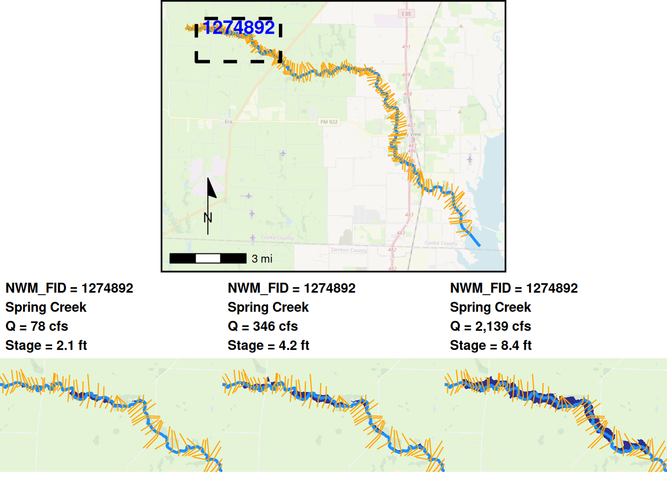 A map showing depth grids and cross sections for Buckners Creek and Live Oak Creek watershed, with three detailed inset maps demonstrating flood depth variations at high, medium, and low flow rates (Q).